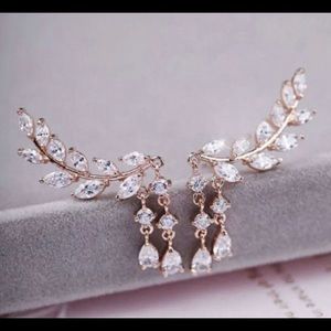Fashion Gold Crystal Zircon Leaves Tassel Earrings